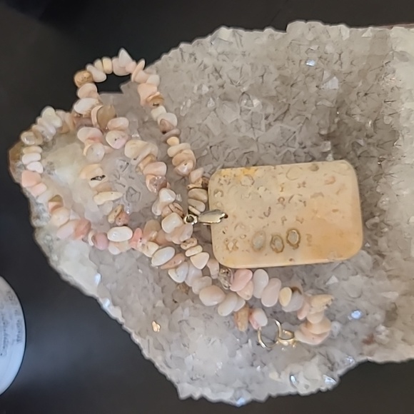Jewelry - Handmade pink opal chip necklace with fossilized coral pendant.